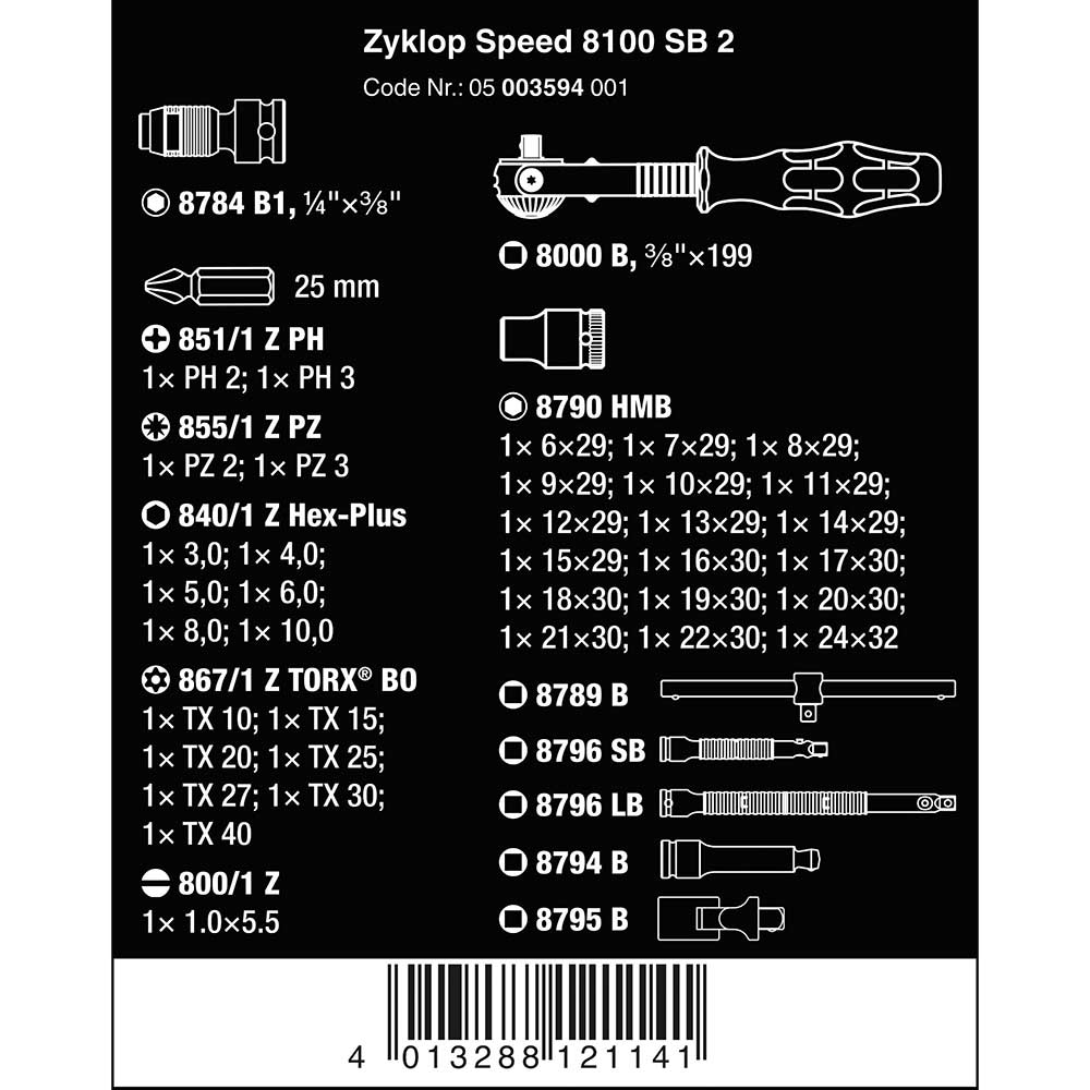 8100 SB 2 Zyklop Speed Ratchet Set 3/8 Drive Metric