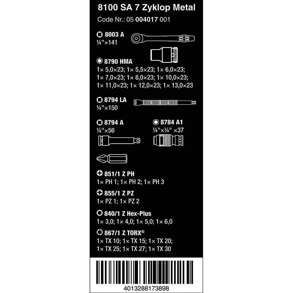 8100 SA 7 Zyklop Metal Ratchet Set With Push-Through Square
