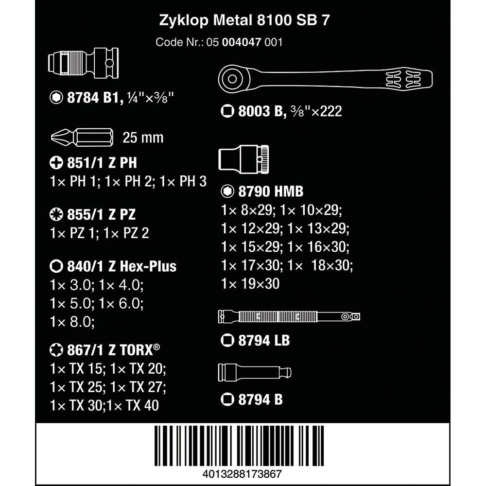 8100 SB 7 Zyklop Ratchet Set With Square 3/8 Drive