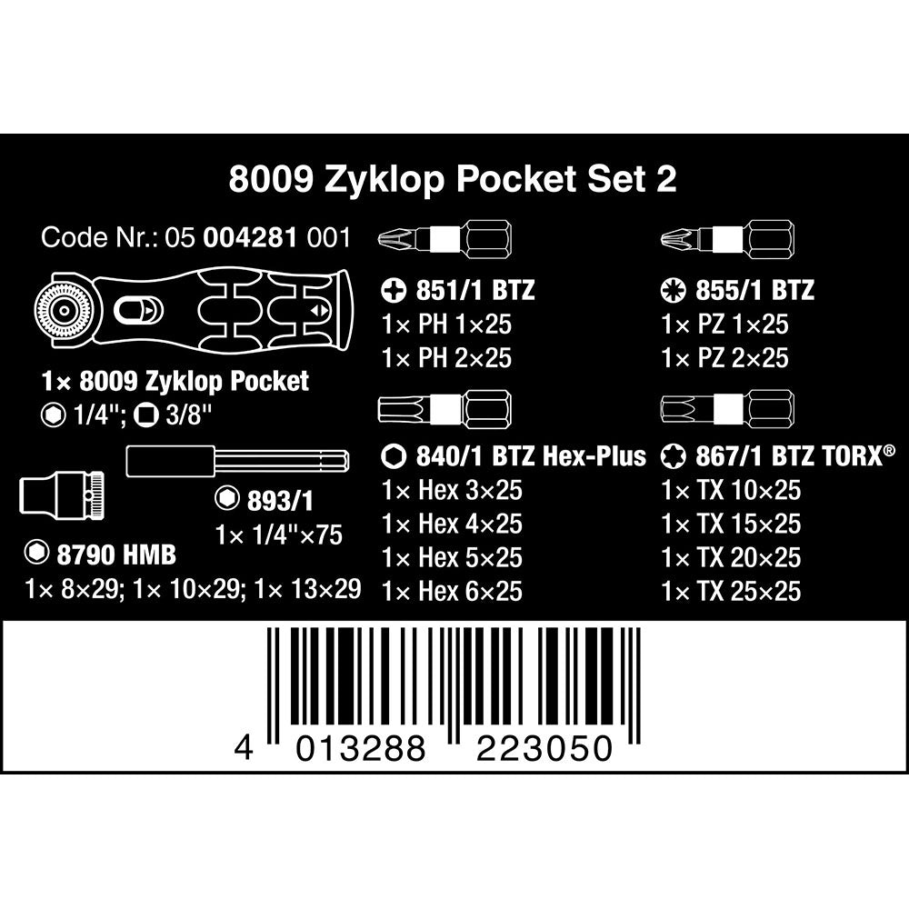 8009 Zyklop Ratchet Pocket Set 2 Bit 1/4" 18pc