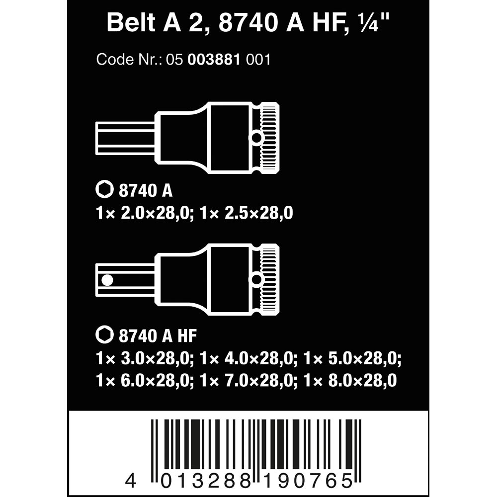 Belt A 2 Zyklop In-Hex+ HF Bit Socket Set 1/4 8pc