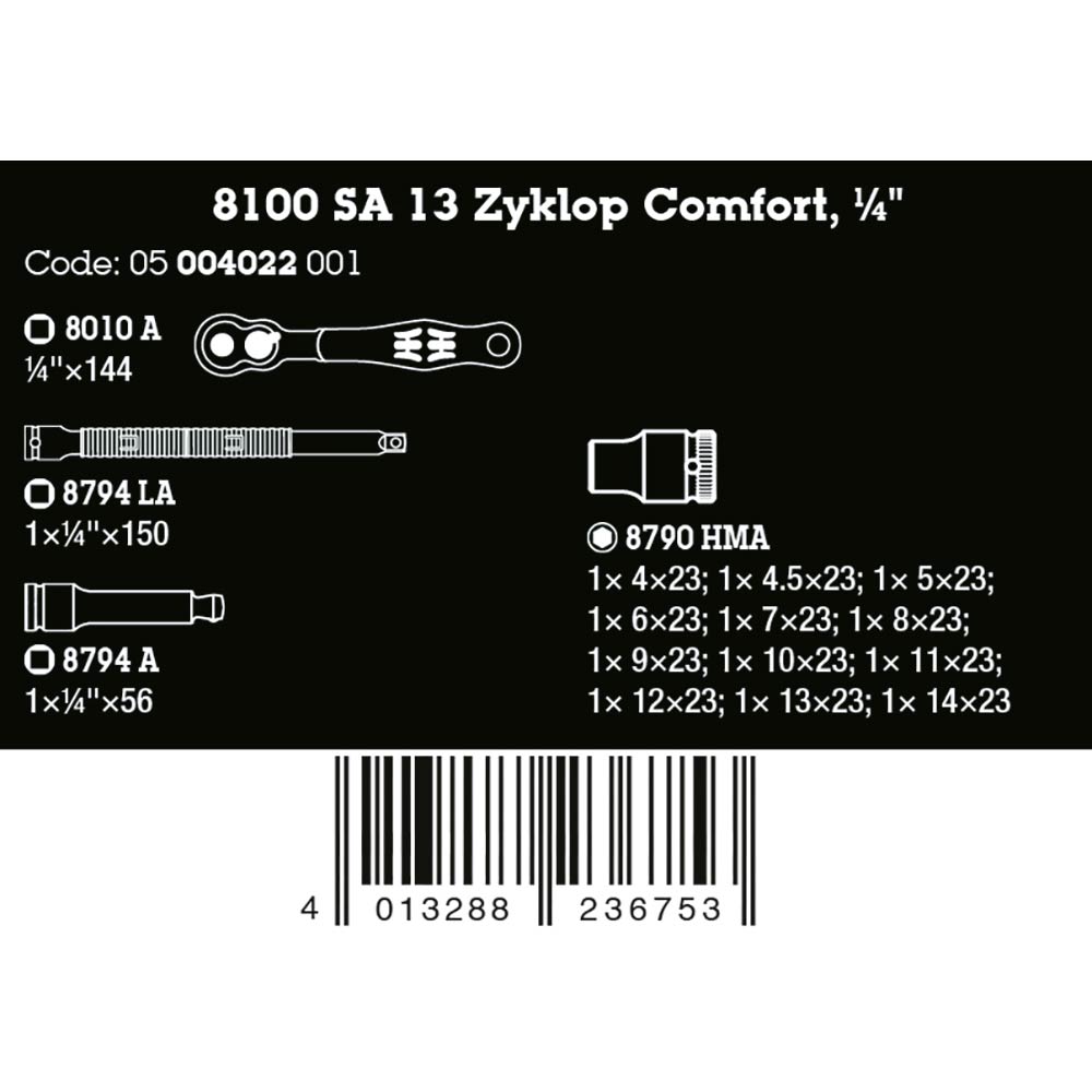 8100 SA 13 Zyklop Comfort  Ratchet Set 1/4 Drive Metric,15 Pack