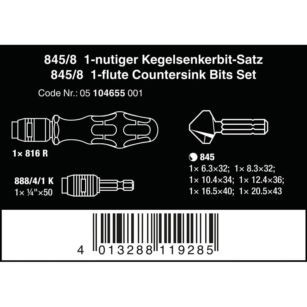 845/8 Countersink 1-Flute Bits Set 8pc